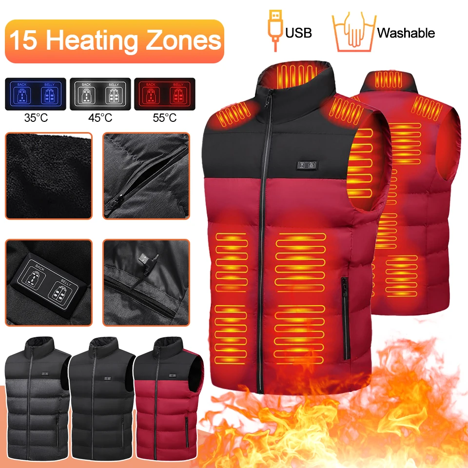 15 Areas Heated Vest USB Electric Outdoor Winter Thermal Vest Men's Heating Jacket Waistcoat Women Self Heating Warm Coat