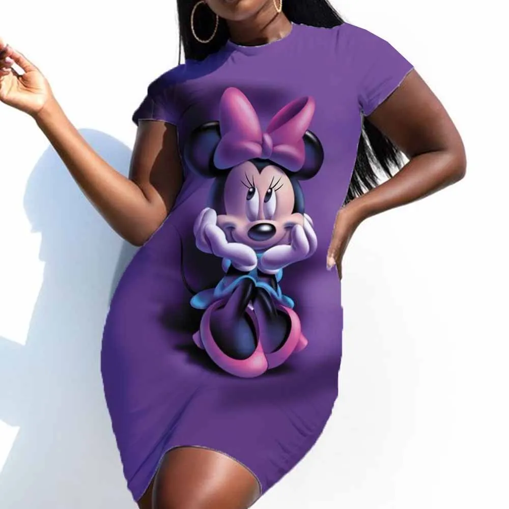 Disney-Camiseta de manga corta con cuello redondo para mujer, minifalda corta con estampado de Mickey Mouse, vestido de talla grande