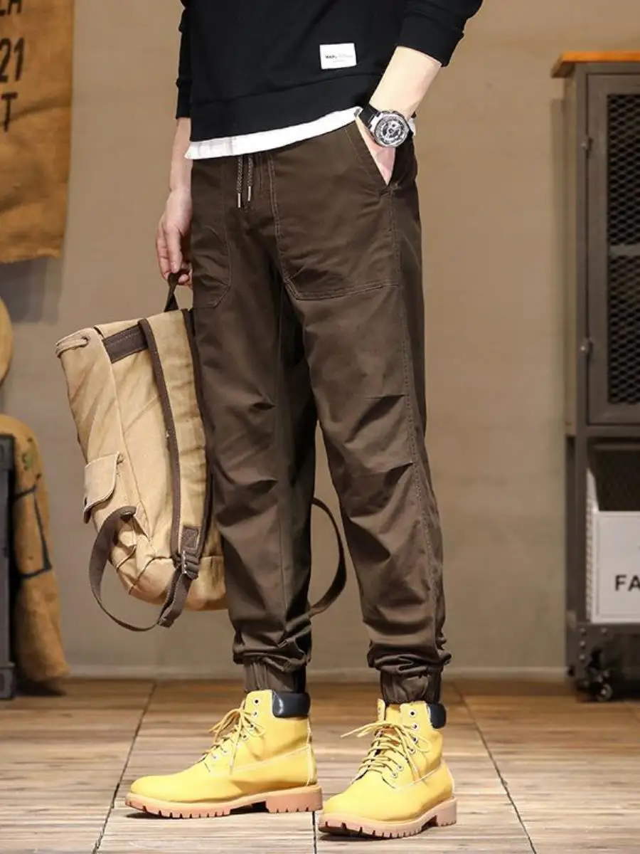 

Spring Autumn Casual Pants Slim Fit Loose Faion Workwear Trousers American Retro Hong Kong Sle Elastic Trendy Cuffed