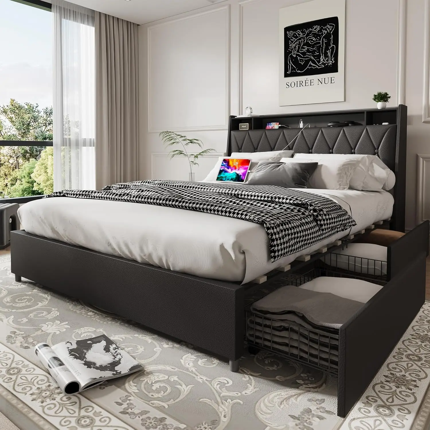 

Black Queen Bed Frame with Headboard, Metal Platform Bed Queen Size with 2-Tier Bookshelf Storage, and 4 Storage, Customized