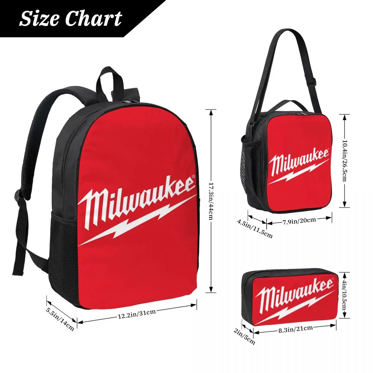 Popular W-milwaukeed Logo Backpack 3PC-Set New 3D printed student backpack clutch bag shoulder bag pencil bag Lunch Bag