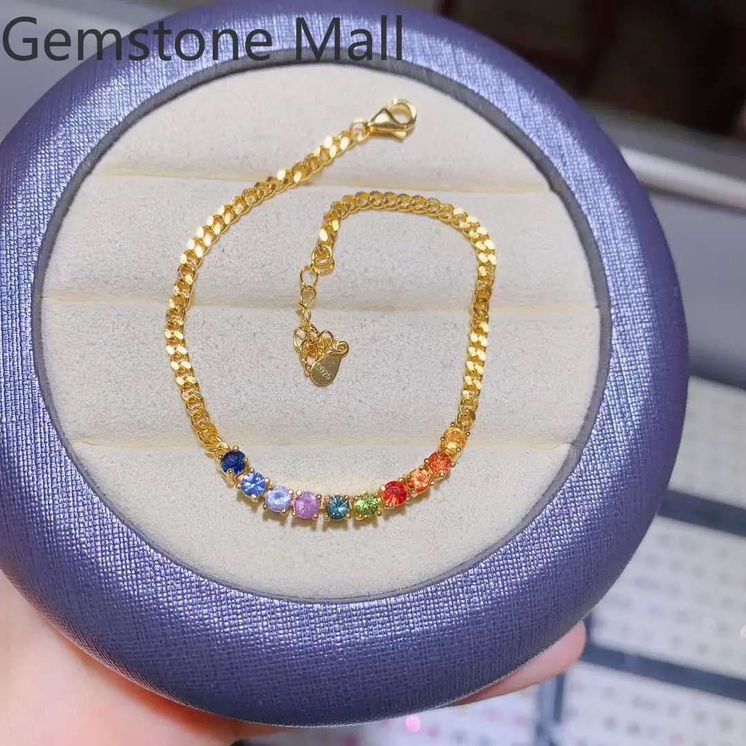 Natural Multicolor Sapphire Bracelet 3mm 9 Pieces Total 0.9ct Sapphire 925 Silver Bracelet with 3 Layers 18K Gold Plating