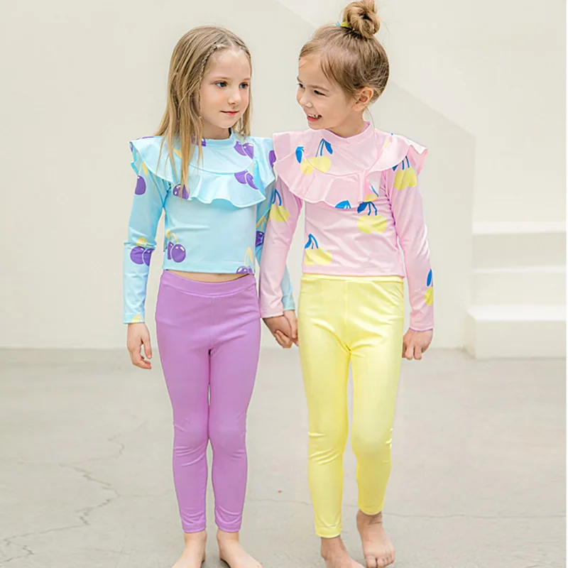 Fashion 2 Piece Kids Girls Swimming Suit Cherry Pattern Long Sleeve Sun Protection Quick-Drying Rash Guard Tankini
