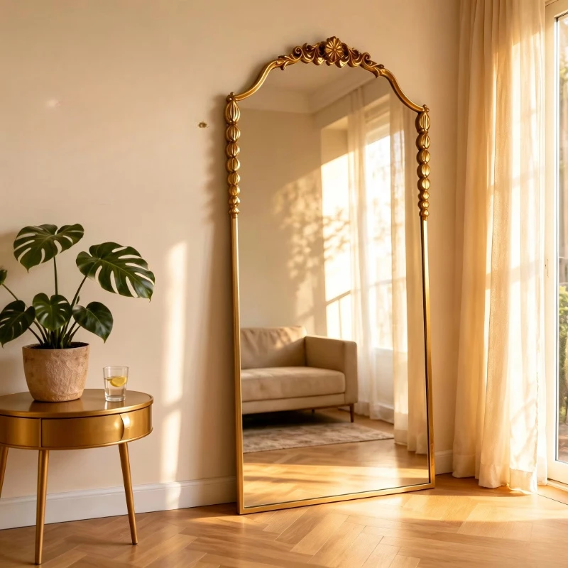 Full size bathroom mirror French retro engraved gold frame vanity mirror suitable for shower room, entrance, cloakroom, living