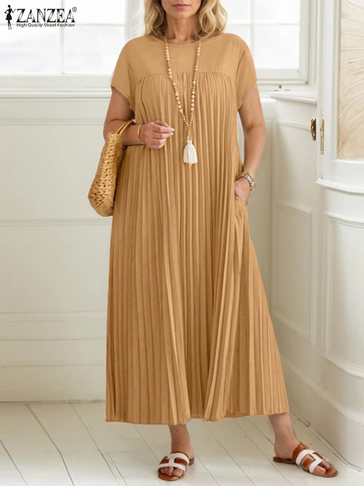 ZANZEA 2025, Mode Sommer Kleid Frauen Kurzarm Solide Plissee Kleider Stilvolle Casual Urlaub Strand Midi Sommerkleid Vestidos