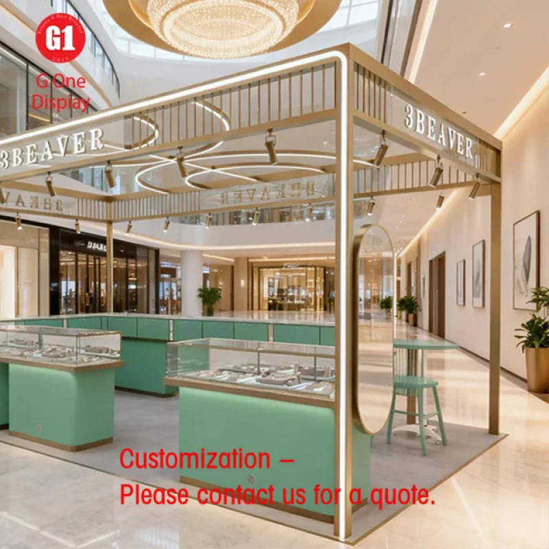 custom.High Transparency Glass Jewelry Showcase LED Lighting Black Wood Drawers Metal Manufactured Mall Kiosk