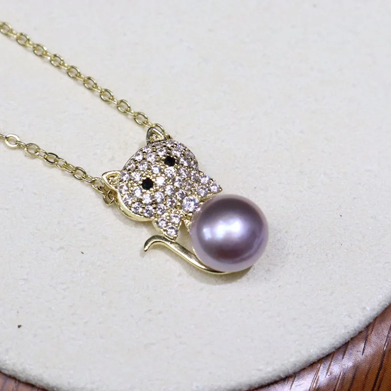 Cat Freshwater Pearl Pendant for Women 8-9mm Fashion Simple Versatile Collarbone Chain Necklace Holiday Gift for Girlfriend 085 4