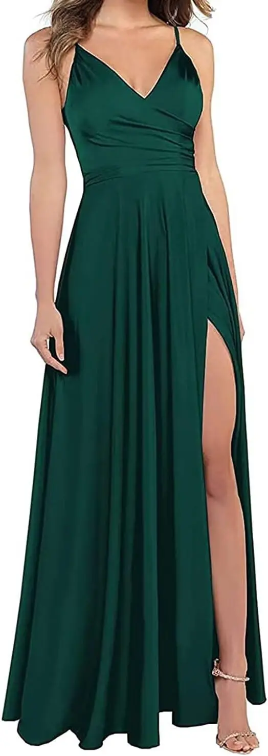 

Ladies' Satin Bridesmaid Dress Suitable for Wedding Guests， Formal Long A-line Ballroom Dress Elegant Evening Dress with Pockets
