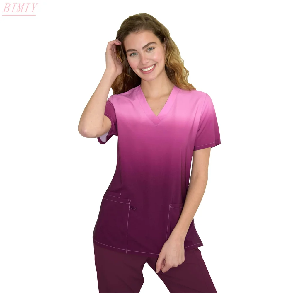 Effen Kleur Pailletten Verpleegster Uniform Print Top V-hals Zak Medische Uniformen Verpleging Scrubs Tops Werkkleding uniforme enfermera