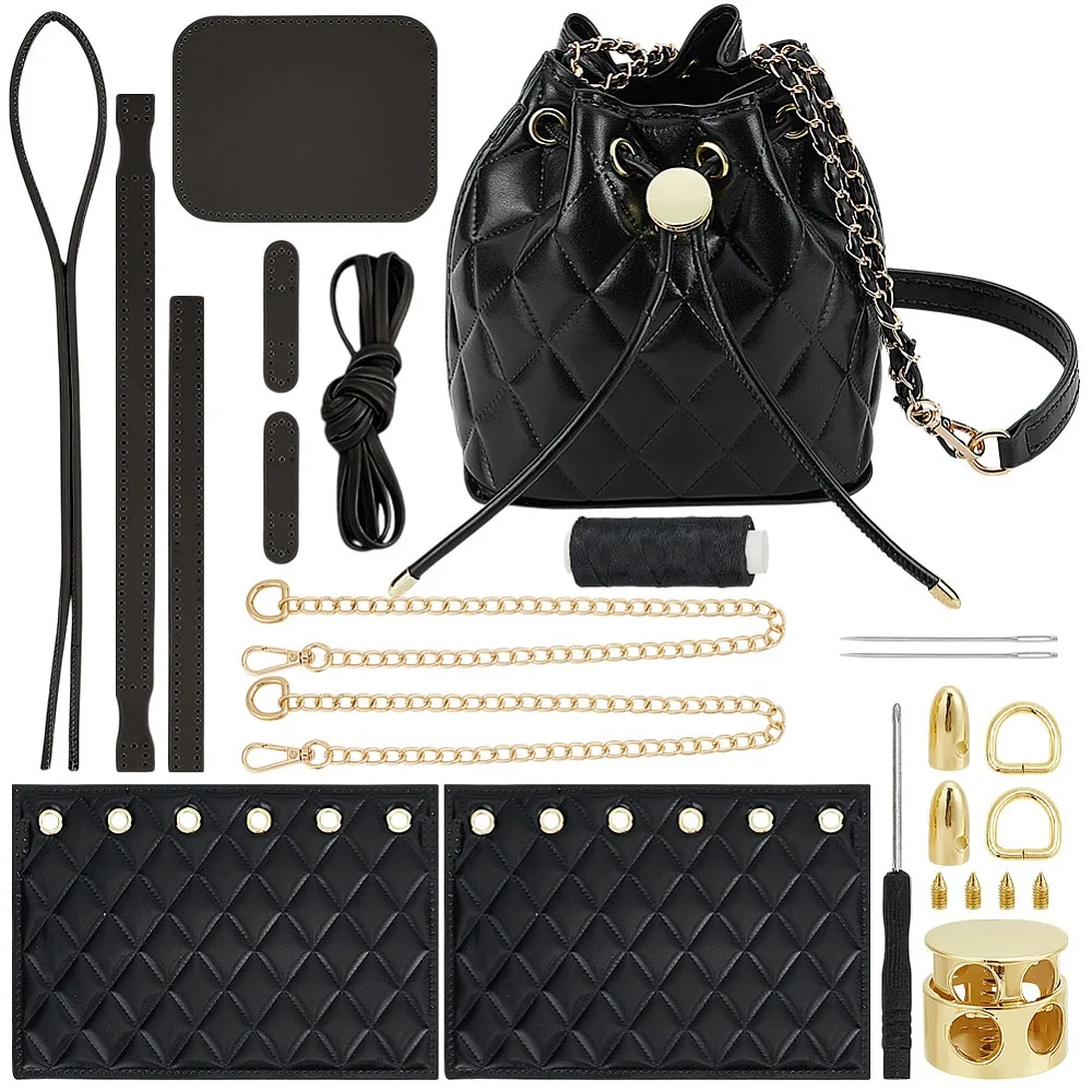 PU Leather Crossbody Drawstring Bag Making Kit Including Bag Bottoms Cord and Chain Black 183x265x4mm Hole: 9.5mm