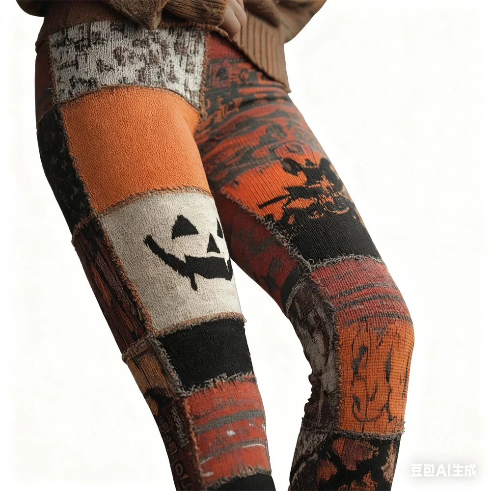 

Хэллоуин Тыквенное Лицо Косплей Сшитое Лицо Контраст Лоскутное Уютные Женские Вязаные Леггинсы Женские Узкие Брюки 2