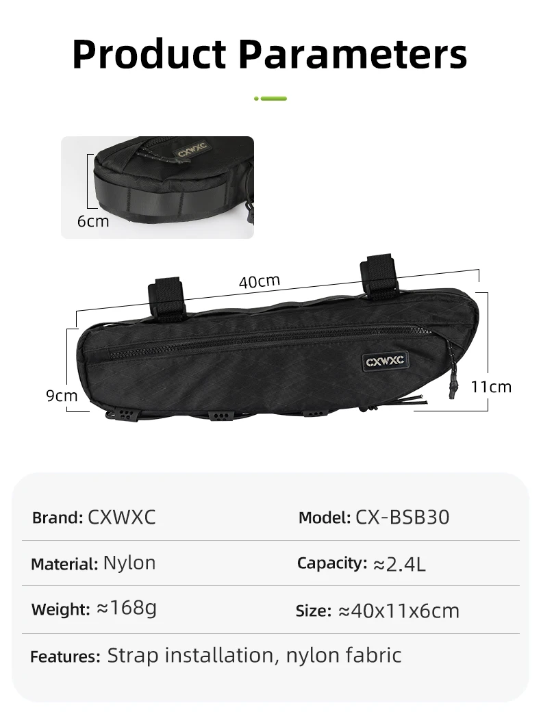 CXWXC Fahrrad-Rahmentasche, 2,4 l, großes Fassungsvermögen, Fahrrad-Unterrohrtasche, dreieckige Tasche, doppelseitiger Reißverschluss mit Bodenbindungssystem – Detail 2
