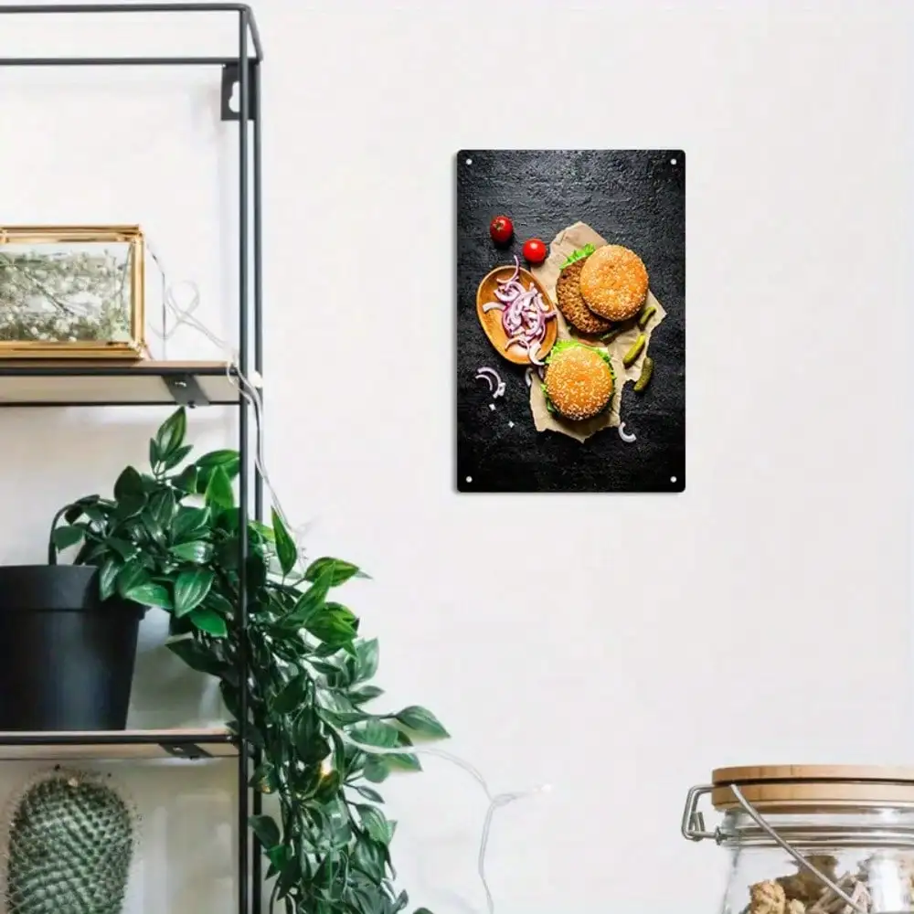 1 cartel de chapa para hamburguesas, decoración de cocina/comedor, delicioso hamburguesa con cebolla, tomate, lechuga, queso, 8x12 pulgadas/20x30 Cm