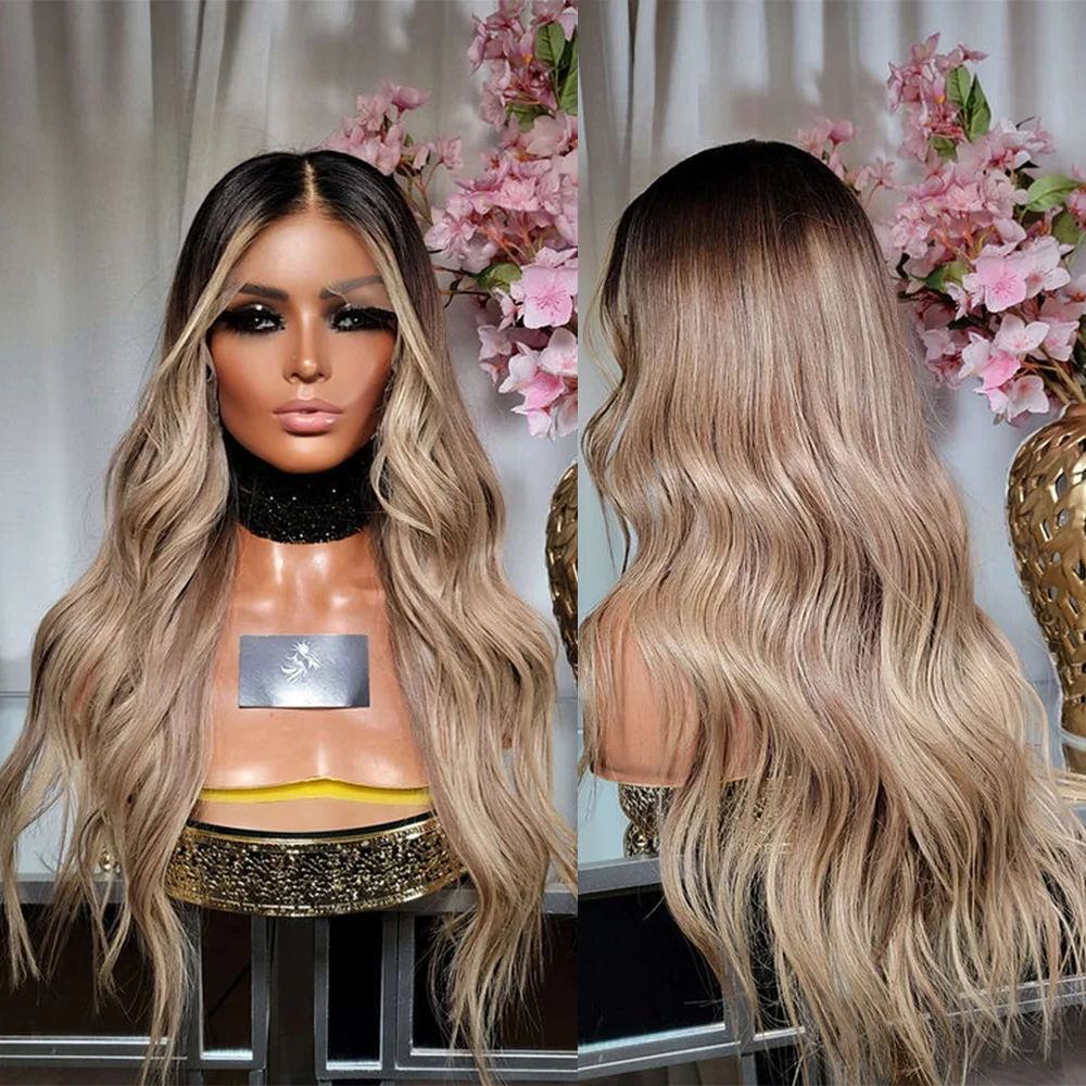 

26-дюймовый парик с кружевной передней частью, светлый блонд с эффектом омбре, длинные волны, темные корни, синтетические волосы, термостойкий, для женщин, 13x4
