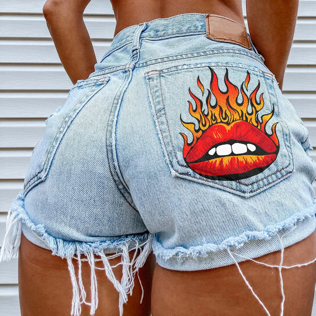 

New Styledenim Shorts For Womeny2k Fashion Personality Lip Pattern Print Pocket Spicy Girl Hip Hop Hole Tassel Denim Shorts Hot