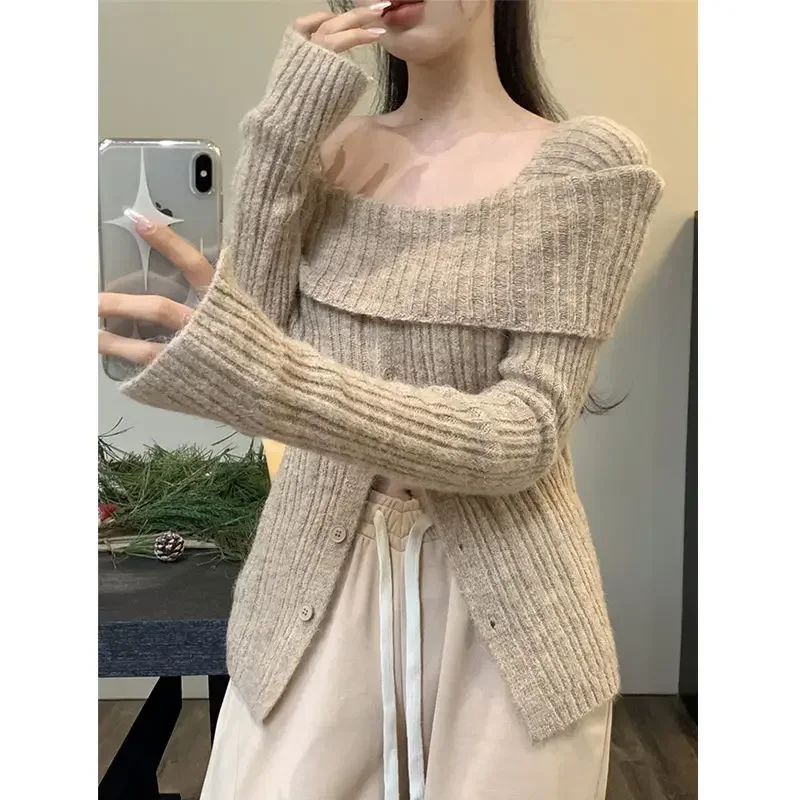 2024 Korean Gray Off Shoulder Solid Knit Sweater Women Old Money Style Long Sleeve Jersey Y2K Gyaru Slash Neck Basic Jumper Tops