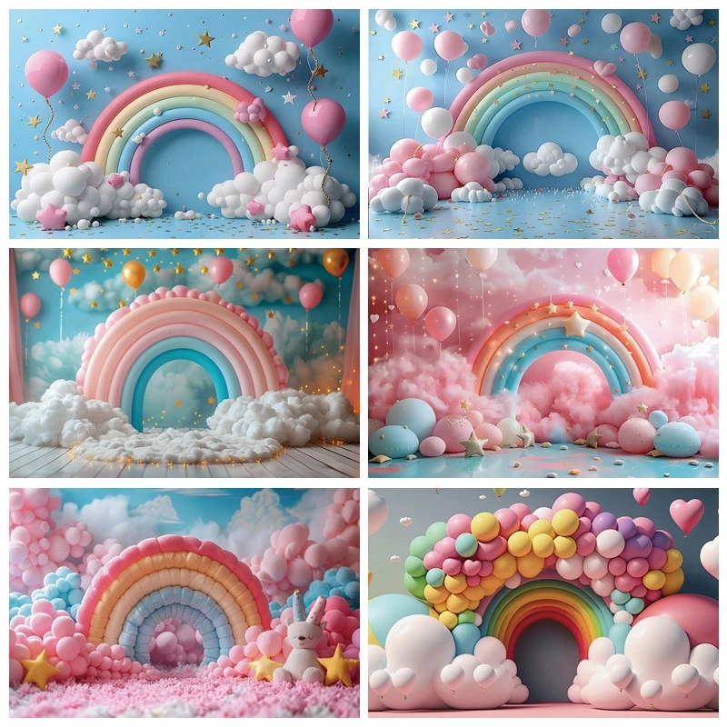 

Baby 1st Birthday Rainbow Balloon Photography Backdrops Baby Shower Party Decor Background Photo Photographic Studio Shoot Props