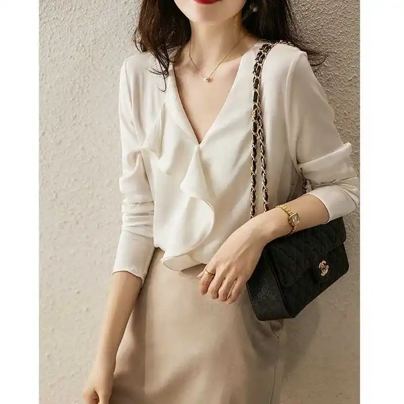 

Western V-Ne White irt для женщин Весна Осень OL Sle Long Sve Commute Faion Pure Color Busin Ladies irt