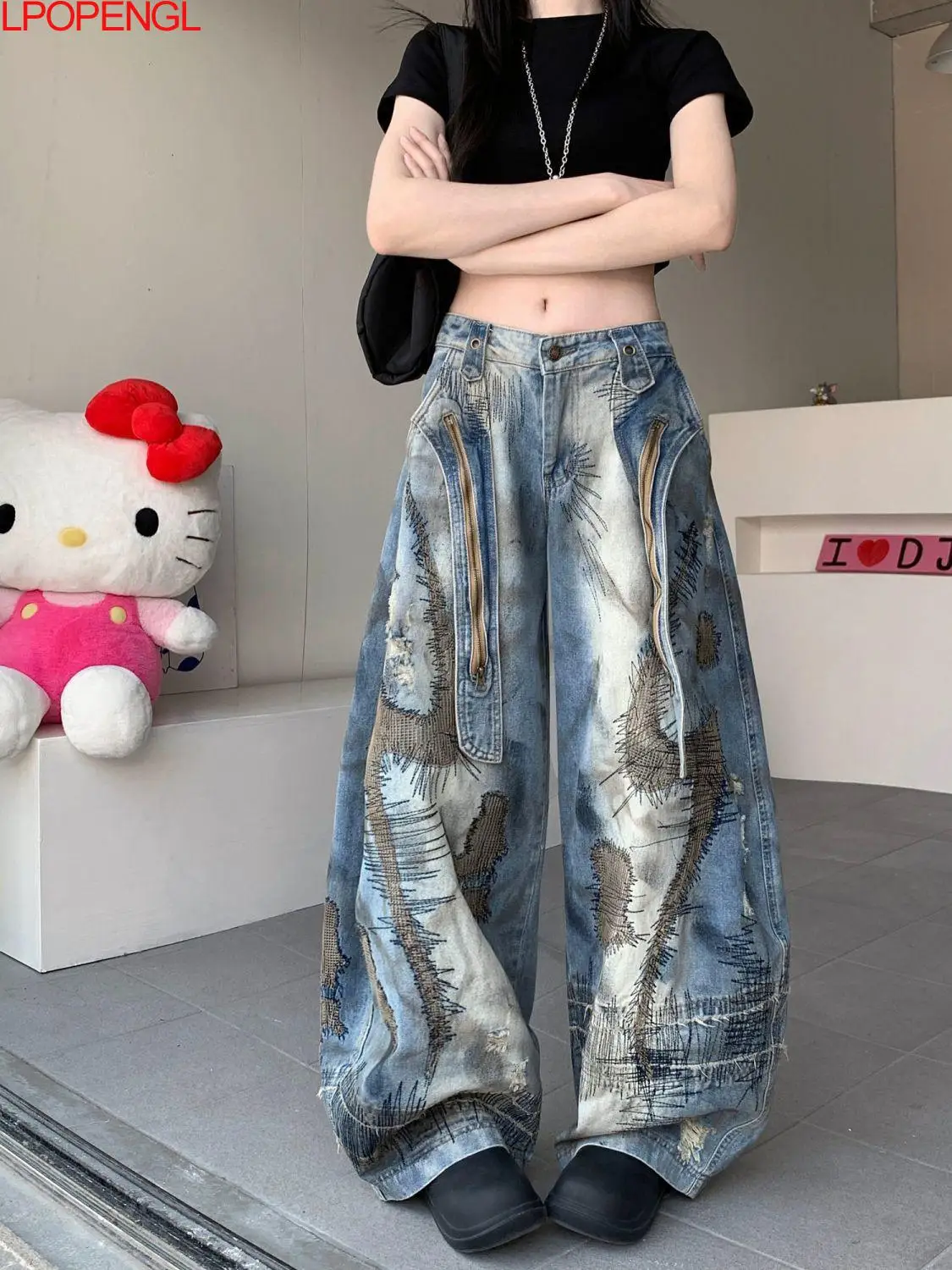 

New Women's Fashion Personality High Waist Embroidery Vintage Irregular Jeans Loose Oversized Straight Streetwear Wide Leg Pants
