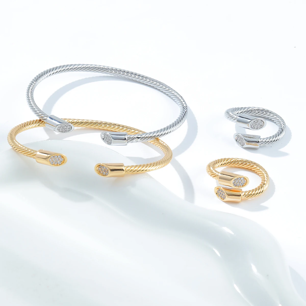 Minimalist Twisted Rope & Waterdrop Full Diamond Bracelet Ring Set for Women, Light Luxury, Elegant & Versatile Basic Accessorie