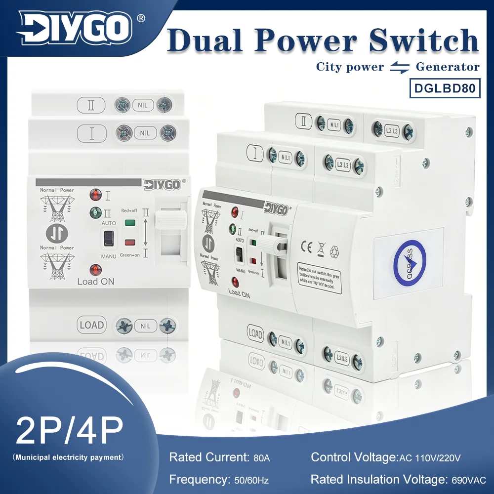 DIYGO ATS Dual Power Automatic Transfer Switch 80A 2/4P AC110/220V Din Rail City Power Generator Uninterrupted Changeover Switch