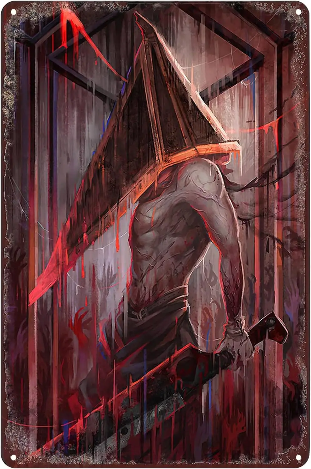 Horror Metal Poster Red Pyramid Head Broadsword Tin Sign Wall Art Decor Plaque for Home Bar Club Cafe Game Living Room Bedr sign