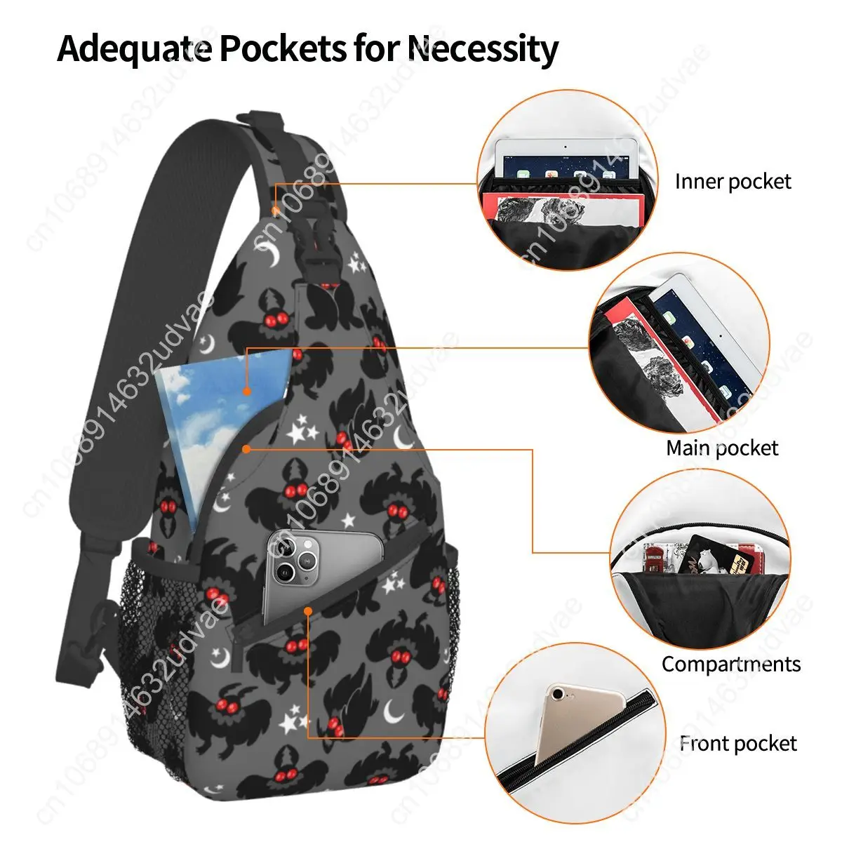 Cute Cryptids Mothman Crossbody Sling Bag Printed Chest Bag cartoon Shoulder Backpack Daypack for Hiking Travel Sports Bag