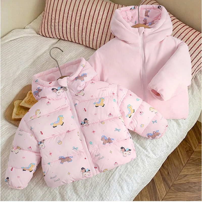 Winter Thick Keep Warm Girls Jacket Cartoon Pattern Can Be Worn On Both Sides Waterproof Stain Resistant Hooded Coat For Kids