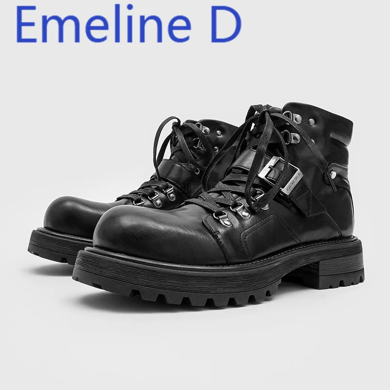 

Cross Tied Mid Top Boots Belt Buckle Decoration British Style Rivets Round Head Straps Trendy Casual Versatile Leather Boots