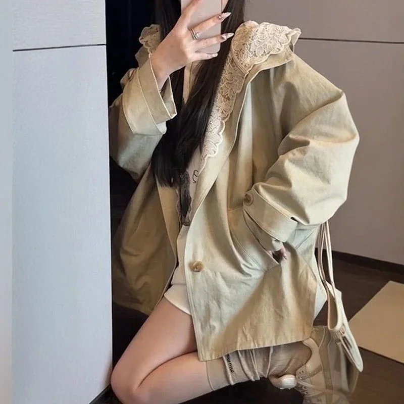 

Trench Coat Short Autumn New Women'S Clothing Smooths Silhouette Irregular Windbreaks Joint A-Line Korea Environmentalerial