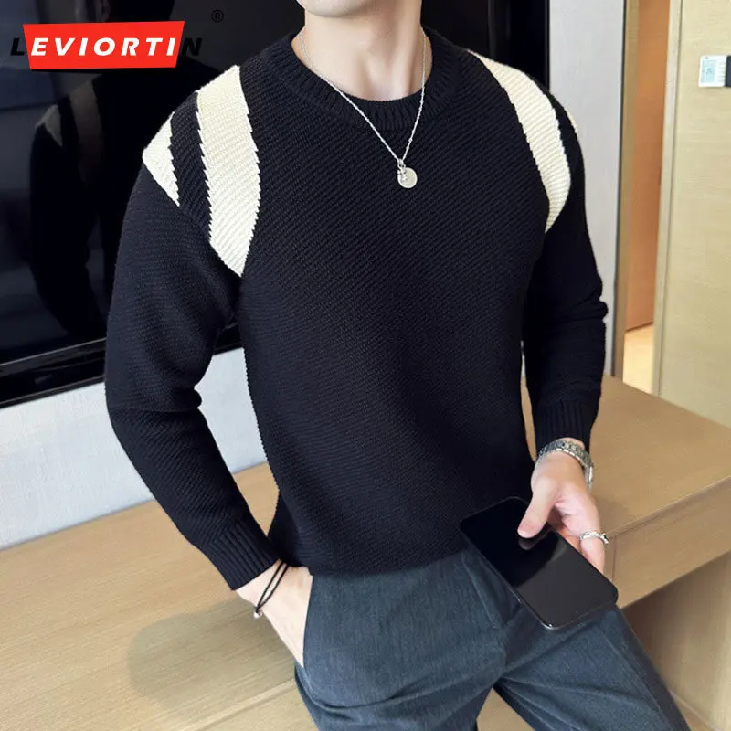 

2023 Autumn and Winter Men's Knitted Sweater Fashion Contrast Color Round Neck Pullover Long Sleeve Casual Business Knitted Top