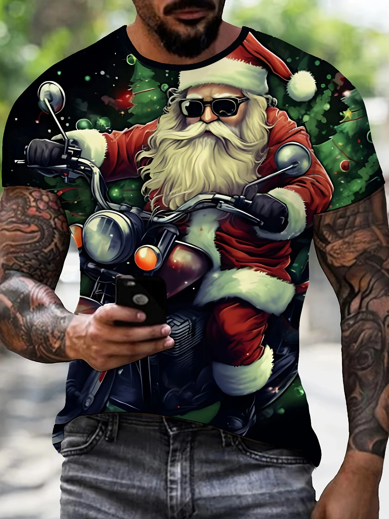 

Christmas Men's T-shirt 3D Motorcycle Santa Printed Crew Neck Short Sleeve Tees Oversized X'mas Element Hots Men Clothing Tops