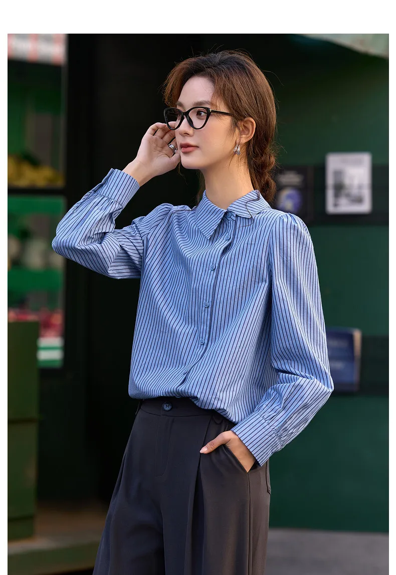 VIMLY Women's Blue Striped Shirt 2026 Spring New Irregular Placket Turn-Down Collar Long Sleeve Top Casual Commute Shirt A3711