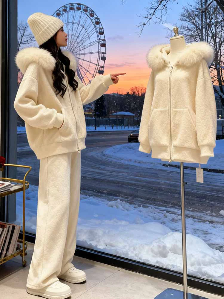 

Женский зимний повседневный комплект из двух предметов свободного кроя с меховым воротником, широкими брюками и дизайном, скрывающим ягодицы, для ежедневной носки