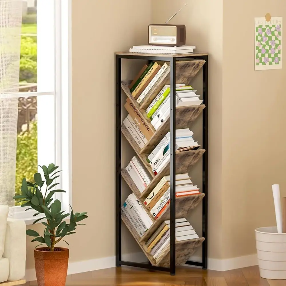9 Tier Standing Tree Bookshelf for Hardcover Books, Small Bookshelf for Small Spaces, Wooden Book Storage Organizer Shelves for