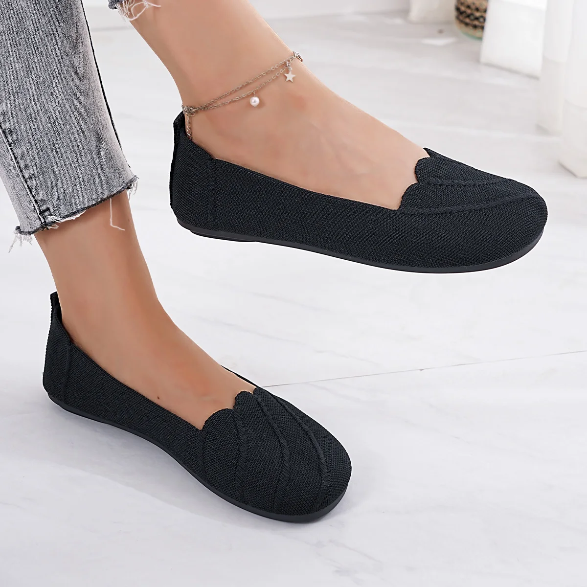Lässige, flache, gestrickte, ausgehöhlte Arbeitsschuhe für Damen, einfarbig, runde Zehenpartie, atmungsaktive Slip-On-Schuhe, bequeme Sommerschuhe – Detail 11