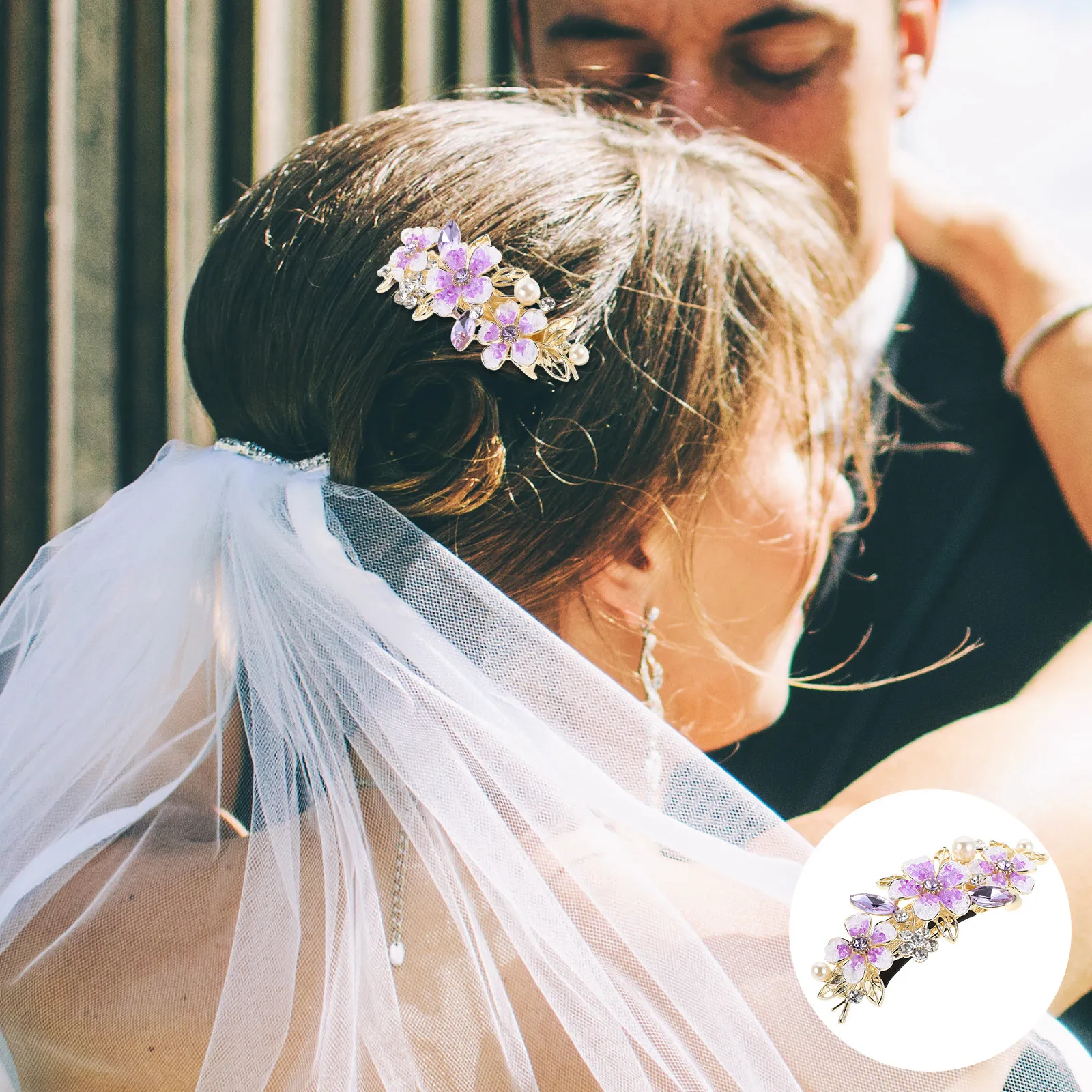 Stylish Bun Clips for Women Purple Flower Rhinestone Alloy French Style Hair Clip Secure Updo Chignon Clip Hair Accessories