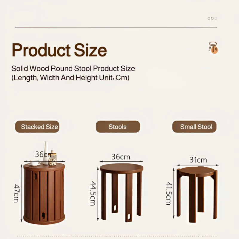 4pcs Foldable Stool Household Solid Wood Stackable Round Stools New Chinese Style Living Room Low Stools Bedroom Dressing Stool