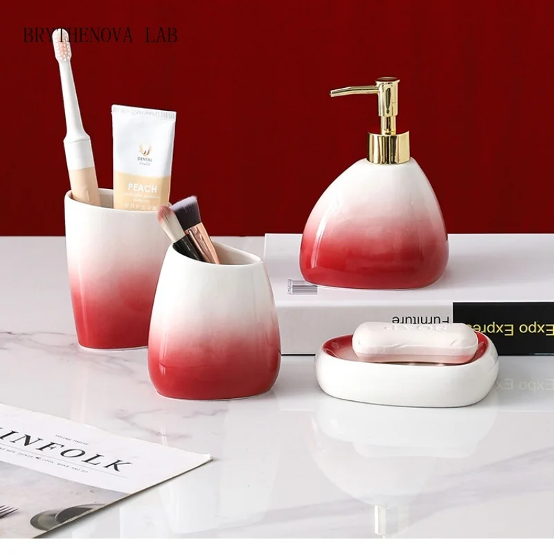Gradual Red Bathroom Five-Piece Set with Minimalist Ceramic Bathing Accessories and Supplies Bathroom for Weddings and Rinsing C