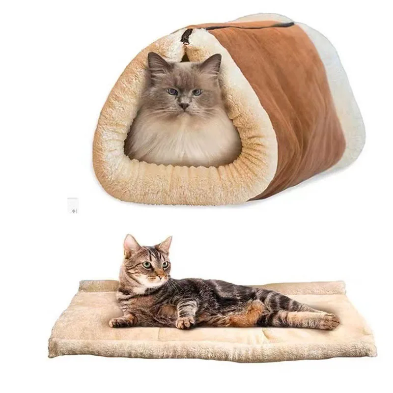 

Cat Bed 2-in-1 Fleece Tunnel Tube Cave For Indoor Cats Kitten, Pet Self Warm Covered Mat Pad, Soft Portable Folding Pet Mat