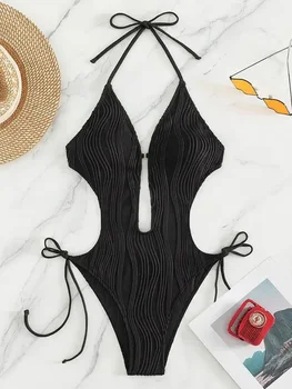 Sexy Halter V Neck Wrinkled Female Swimwear One Piece Swimsuit Women Backless Monokini…