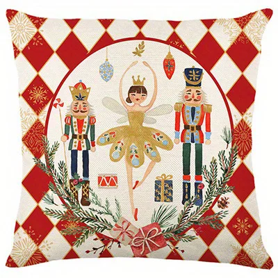 Home Decor Merry Christmas & Holly Nutcracker Pattern Pillows Pattern Cushion Cover Suitable for Sofa Bedroom Car Pillow Cover