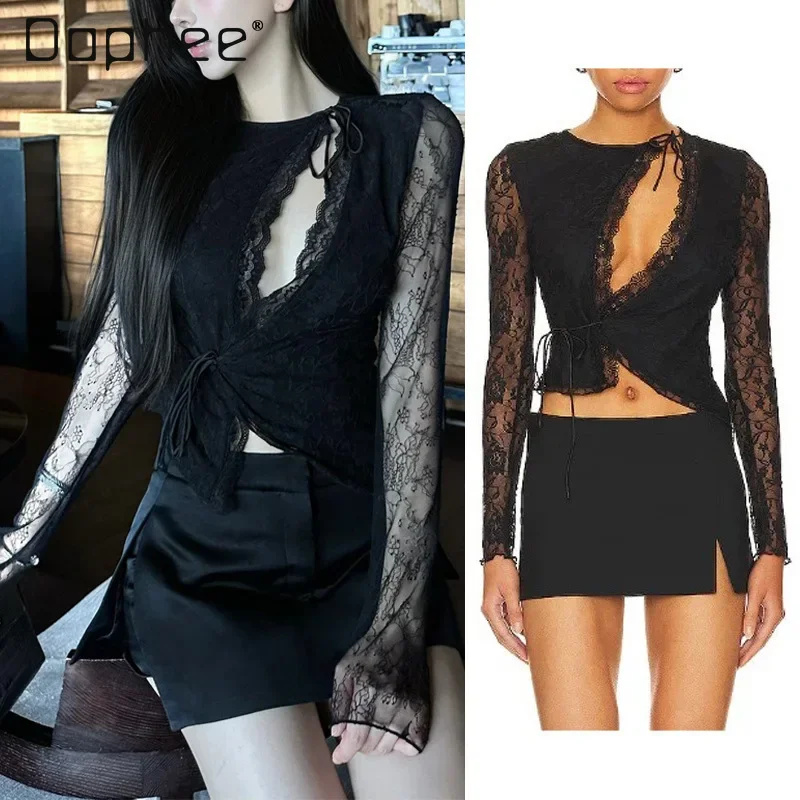 Sexy Slim Fit Black Lace T Shirt Women Hollow Out Asymmetrical Long Sleeve See Through Lace Up Round Collar Cropped Tops