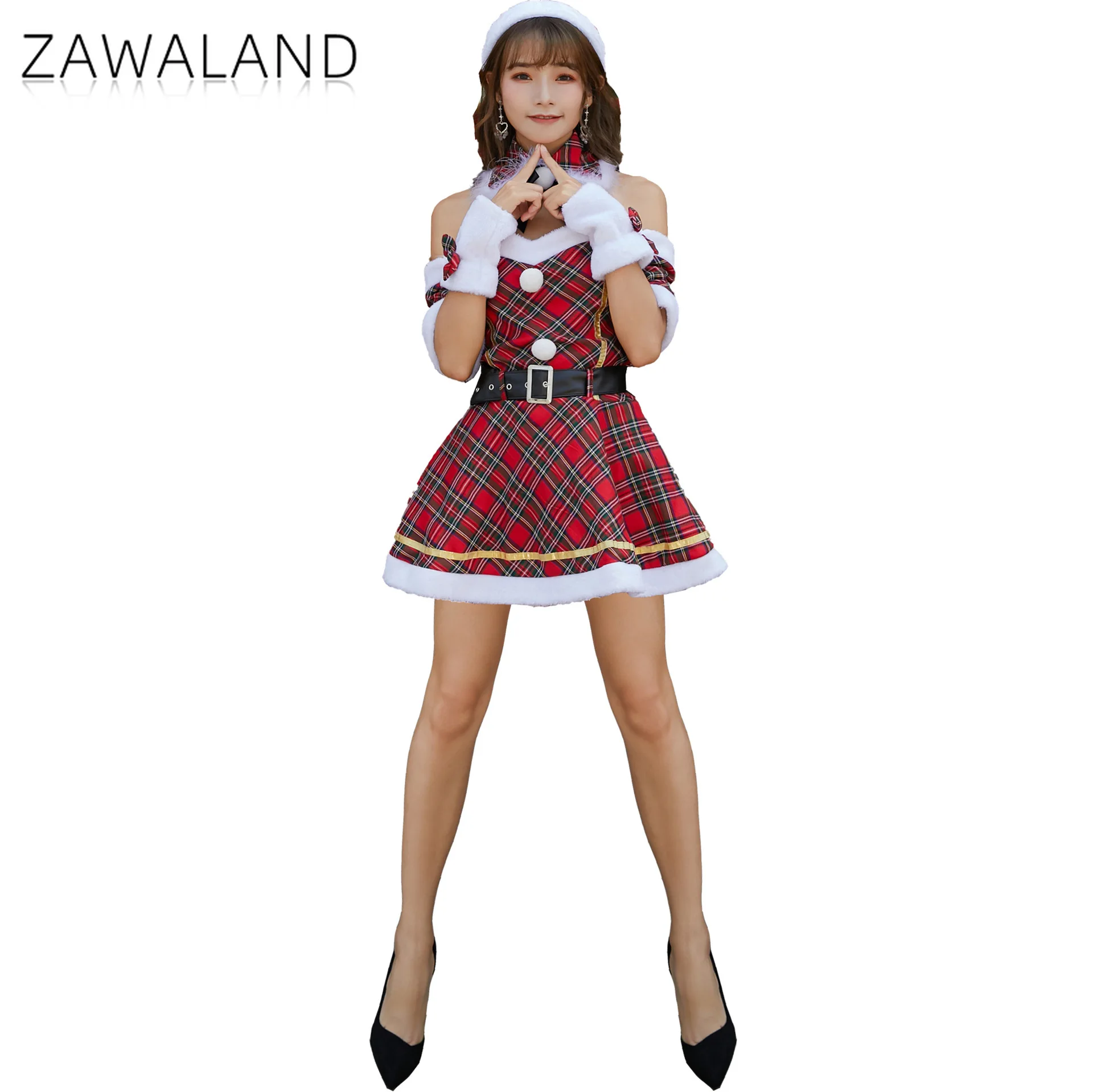 

Red Plaids Cosplay Dresses Woman Off-the-shoulder Dress with Plush Collar Xmas Party Performance Costume Festival Stage Outfits