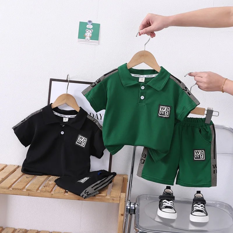 Boys' Set Summer 2024 New Trendy Children's Polo Shirt Boys' Casual Short sleeved T-shirt Shorts Two piece Set