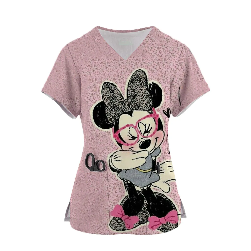 

2024 Workwear Tshirt Overalls Uniforms Women's Doctor Nurse Uniform Mickey Mouse 3d Print Pocket V-Neck Nursing Scrubs Tops