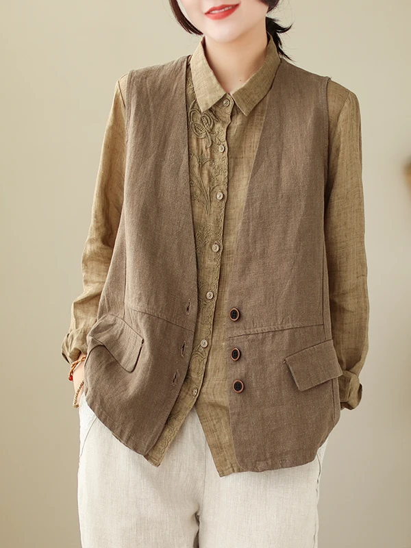 

Ретро художественный цветной лоскутный изношенный хлопковый льняной жилет Jaet, большой размер, женский универсальный жилет с одной пуговицей V-Ne...