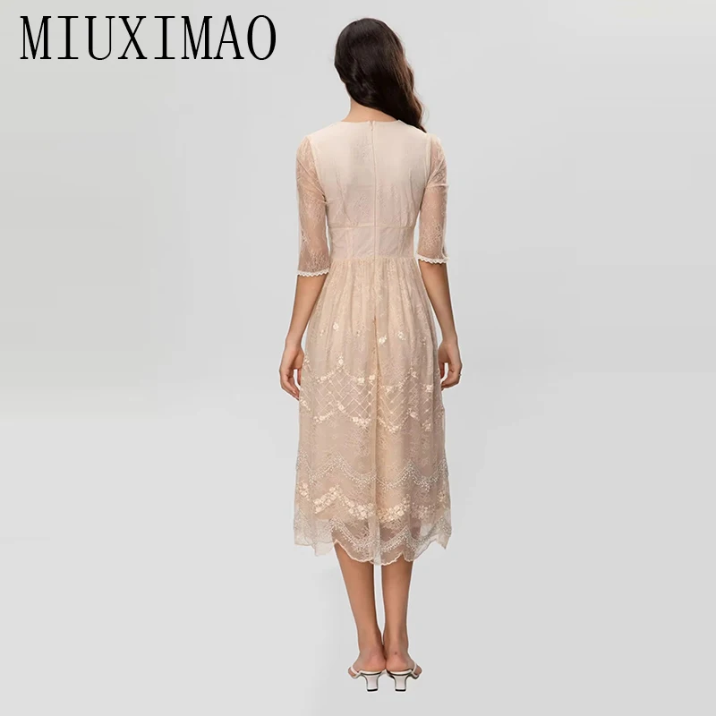 MIUXIMAO 2023 High Quality Spring&Summer Elegant Dress Hand beading V-Neck Lace Embroidered Fashion Long Dress Women Vestides