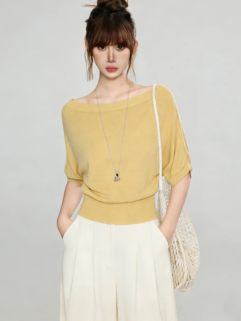 French Style Knitted Short Sleeve Shoulder Bared Waist Cinched Top Women Summer Fashion Unique Five Sleeve Diagonal Shoulder ...