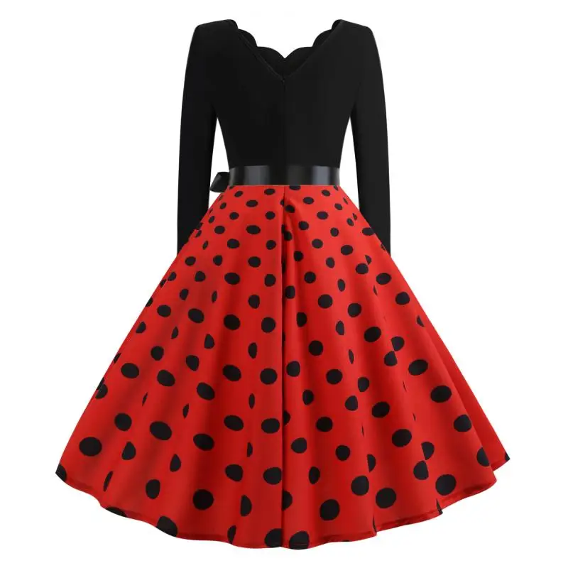 Retro Polka Dot V Ne Long Sve Maxi Dr con Bell Bot Ribbon A-Line Silhouette Pendolarismo Sle Miscela di cotone a vita media